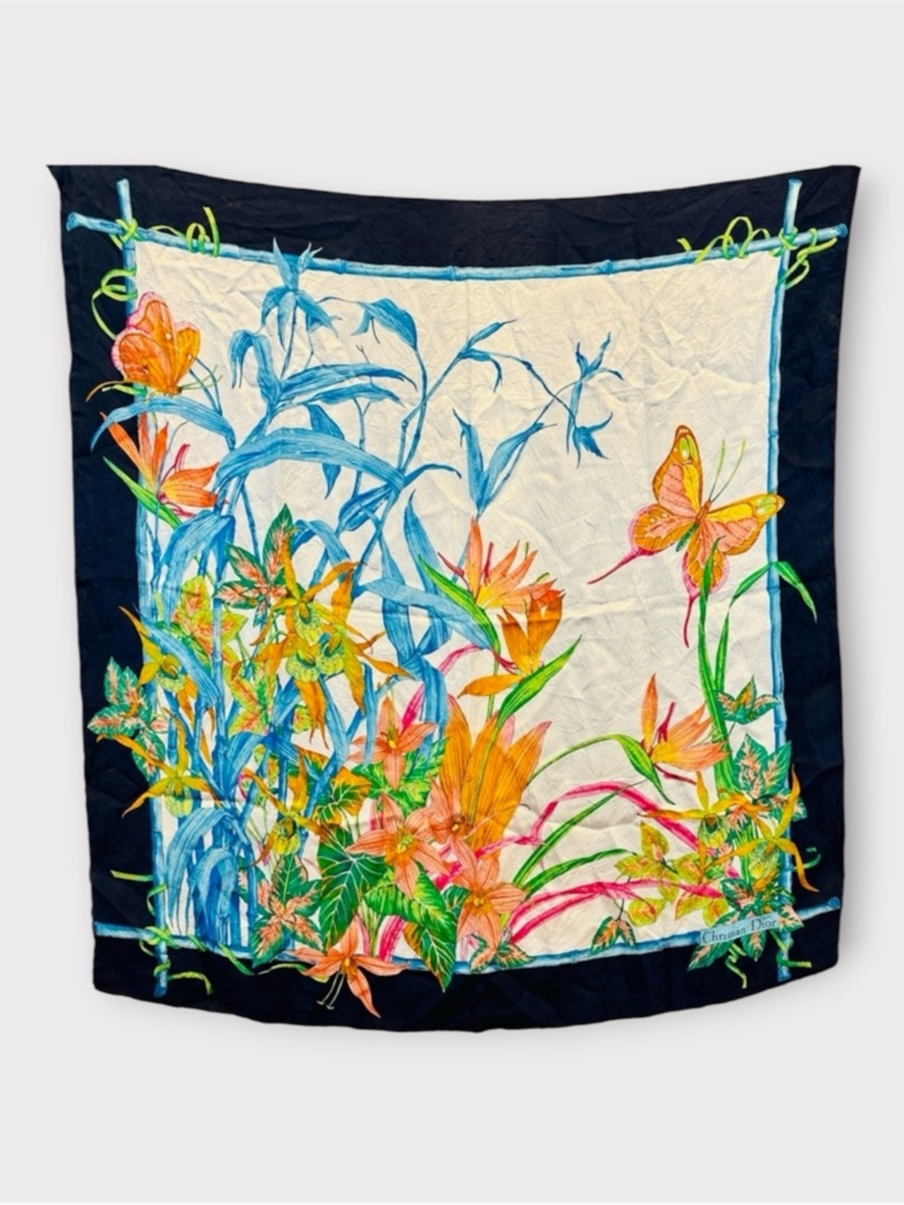 CHRISTIAN DIOR Vintage 34” 100% Silk “Floral & Butterfly” Botanical Square Scarf